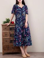 O-NEWE Vintage Women Floral Printed Short Sleeve Waist Drawstring Dress