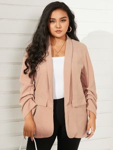 Plus Size Lapel Collar Pocket Design Pleated Design Long Sleeves Blazer