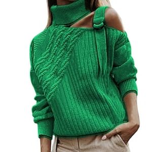 Women's Pullover Sweater Jumper Cable Knit Knitted Cold Shoulder Pure Color Turtleneck Stylish Casual Outdoor Daily Fall Winter Green Black S M L / Long Sleeve miniinthebox