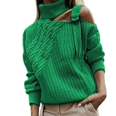 Women's Pullover Sweater Jumper Cable Knit Knitted Cold Shoulder Pure Color Turtleneck Stylish Casual Outdoor Daily Fall Winter Green Black S M L / Long Sleeve miniinthebox