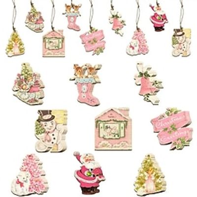 18pcs Wooden Christmas Retro Style Romantic Pink Elk And Snowman Hanging Decoration Pendant For Outdoor Festival Party Gift Scene Decor Room Decor Home Decor Window Decor Pendant Holiday Party Decor (With Rope) Lightinthebox