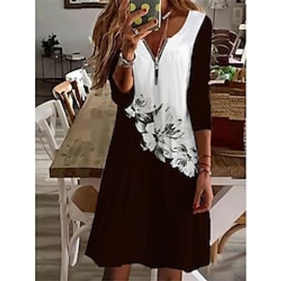 Women's Casual Dress T Shirt Dress Tee Dress Mini Dress Black Navy Blue Blue Long Sleeve Flower Zipper Winter Fall Spring V Neck Fashion Daily 2023 S M L XL XXL 3XL 4XL 5XL miniinthebox
