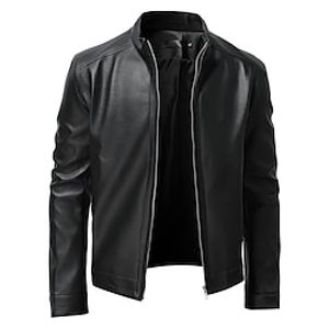 Male Faux Leather Jacket Casual Daily events All Seasons Pure Color Outdoor Casual Standing Collar Black Jacket Lightinthebox