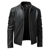 Male Faux Leather Jacket Casual Daily events All Seasons Pure Color Outdoor Casual Standing Collar Black Jacket Lightinthebox - thumbnail