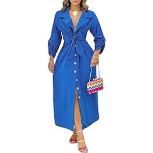 Women's Shirt Dress Long Dress Maxi Dress Blue Long Sleeve Pure Color Lace up Winter Fall Autumn Shirt Collar Modern Winter Dress Fall Dress Loose Fit 2022 S M L XL 2XL Lightinthebox