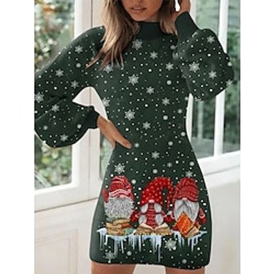Women's Casual Dress Christmas Dress Winter Dress Santa Claus Snowflake Print Turtleneck Mini Dress Fashion Streetwear Outdoor Christmas Long Sleeve Loose Fit Dark Green Fall Winter S M L XL XXL Lightinthebox