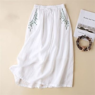 Women's Skirt Swing Midi Cotton Linen White Pink Orange Skirts Summer Embroidered High Waist Basic Casual Casual Daily Weekend M L XL Lightinthebox