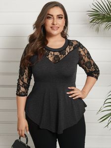Plus Size Dark Grey Round Neck Lace 3/4 Length Sleeves Blouse
