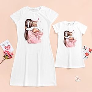 Mommy and Me Dresses Cartoon Graphic Heart Causal Print White Short Sleeve Knee-length Daily Matching Outfits Lightinthebox