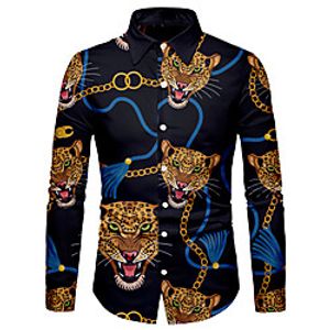 Men's Shirt 3D Print Cheetah Print Chains Print Animal 3D Print Button-Down Long Sleeve Street Tops Casual Fashion Breathable Comfortable Navy Blue / Sports miniinthebox