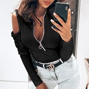 Women's Bodysuit Black Orange Plain Quarter Zip Long Sleeve Casual Basic V Neck S Lightinthebox