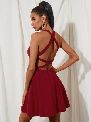 Yoins Burgundy Backless design Criss-cross Mini Dress Yoins Burgundy Backless design Criss-cross Mini Dress