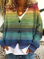 Women's Retro Colorful Striped Print V-neck Knitted Cardigan