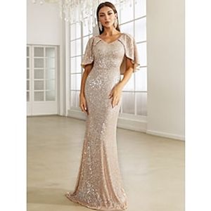 Mermaid  Trumpet Evening Gown Sparkle  Shine Dress Formal Fall Sweep  Brush Train Half Sleeve V Neck Sequined with Glitter 2023 Lightinthebox