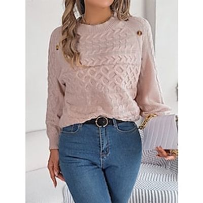 Women's Pullover Sweater Jumper Crew Neck Cable Knit Acrylic Button Fall Winter Regular Outdoor Daily Going out Stylish Casual Soft Long Sleeve Solid Color White Pink Gray S M L Lightinthebox