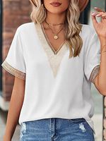 V-Neck Stitching Casual Loose Solid Color Short-Sleeved Blouse