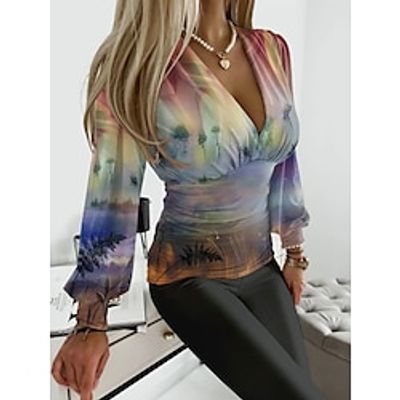 Women's T shirt Tee Leaf Pink Blue Purple Print Long Sleeve Casual Holiday Fashion V Neck Regular Fit Spring   Fall Lightinthebox