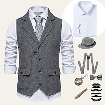 Retro Vintage Roaring 20s 1920s Outfits Shirt Waistcoat Panama Hat Gentleman Gangster Men's Cosplay Costume Halloween Party / Evening Prom Festival Vest miniinthebox