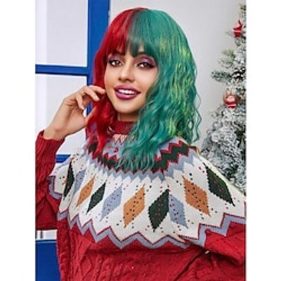 green amp; red half Bob wig with bangs, high temperature fiber synthetic hair wig anime cosplay wig synthetic hair wig halloween party 14 inch Christmas Party Wigs Lightinthebox