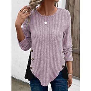 Women's Blouse Ribbed Plain Purple Patchwork Button Long Sleeve Casual Going out Fashion Streetwear Round Neck Regular Fit Spring Lightinthebox