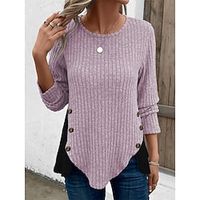 Women's Blouse Ribbed Plain Purple Patchwork Button Long Sleeve Casual Going out Fashion Streetwear Round Neck Regular Fit Spring Lightinthebox - thumbnail