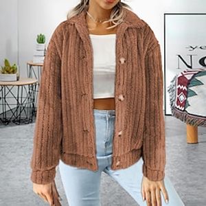 Women's Shearling Coat Fleece Sherpa Jacket Thermal Warm Cropped Winter Coat Single Breasted Lapel Outerwear Long Sleeve Fall Brown Lightinthebox