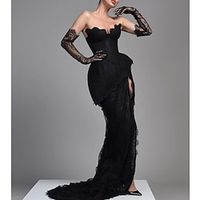 Mermaid  Trumpet Evening Gown Gothic Dress Formal Asymmetrical Sleeveless Strapless Wednesday Addams Family Lace with Slit Appliques 2023 Lightinthebox - thumbnail