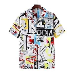 Men's Casual Shirt 3D Print Letter Turndown Classic Collar 短袖衬衫 Casual Vacation Print Short Sleeve Tops Casual Beach Rainbow Lightinthebox