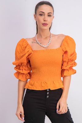 Womens Shirred Elastic Voluminous Blouse Orange Womens Shirred Elastic Voluminous Blouse Orange