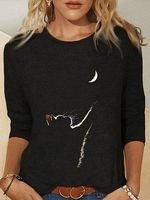 Round Neck Casual Loose Cat Print Long Sleeve T-shirt