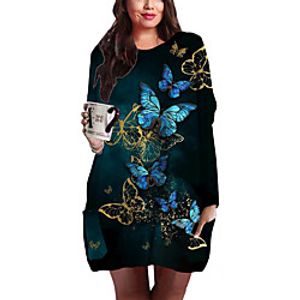 Women's Plus Size Dress Shift Dress Short Mini Dress Long Sleeve Floral Graphic Butterfly Pocket Print Basic Fall Summer Blue Gray XL XXL 3XL 4XL 5XL Lightinthebox