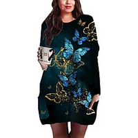 Women's Plus Size Dress Shift Dress Short Mini Dress Long Sleeve Floral Graphic Butterfly Pocket Print Basic Fall Summer Blue Gray XL XXL 3XL 4XL 5XL Lightinthebox - thumbnail