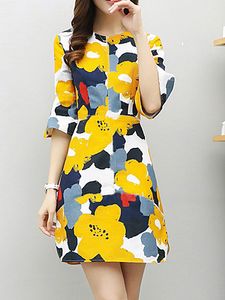 Round Neck Patchwork Floral Printed Bell Sleeve Shift Dress