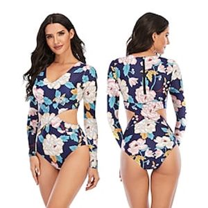 Women's One Piece Swimsuit Elastane Bodysuit Bathing Suit UV Sun Protection Breathable Quick Dry Stretchy Long Sleeve Back Zip Hollow-out - Swimming Surfing Beach Water Sports Floral Autumn / Fall miniinthebox