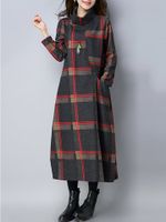 Vintage High Neck Pocket Plaid Dress