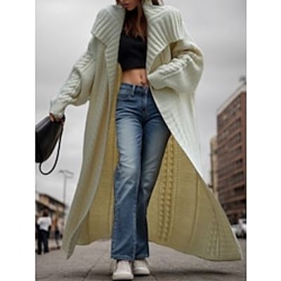 Women's Cardigan Shirt Collar Cable Knit Polyester Knitted Fall Winter Long Outdoor Daily Going out Fashion Streetwear Casual Long Sleeve Solid Color off white Coffee Grey S M L miniinthebox
