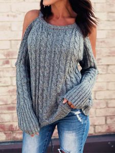 Grey Cold shoulder Cable Knit Long sleeves Sweater