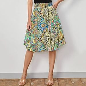 Women's Skirt A Line Swing Knee-length Polyester Green Skirts Summer Print Vintage Street Daily S M L Lightinthebox