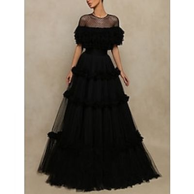 A-Line Prom Dresses Elegant Dress Formal Floor Length Black Dress Short Sleeve Jewel Neck Tulle with Pleats Ruffles 2023 Lightinthebox A-Line Prom Dresses Elegant Dress Formal Floor Length Black Dress Short Sleeve Jewel Neck Tulle with Pleats Ruffles 2023 Lightinthebox