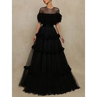 A-Line Prom Dresses Elegant Dress Formal Floor Length Black Dress Short Sleeve Jewel Neck Tulle with Pleats Ruffles 2023 Lightinthebox - thumbnail