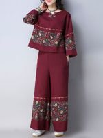 Vintage Printed Patchwork Blouse Loose Pants Suits