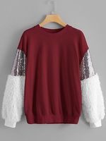 Round Neck Patchwork Sequin Color Block Sweatshirt - thumbnail