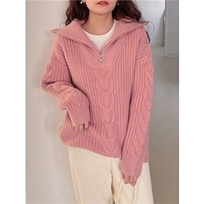 Women's Pullover Sweater Jumper Shirt Collar Cable Knit Polyester Zipper Fall Winter Regular Outdoor Daily Going out Stylish Casual Soft Long Sleeve Solid Color Pink Red Beige One-Size miniinthebox