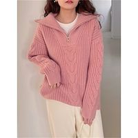 Women's Pullover Sweater Jumper Shirt Collar Cable Knit Polyester Zipper Fall Winter Regular Outdoor Daily Going out Stylish Casual Soft Long Sleeve Solid Color Pink Red Beige One-Size miniinthebox - thumbnail