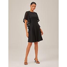 Black Ruffle Sleeve Color Block Midi Dress with Round Neck