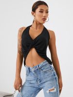 Black Backless Self-tied Design Plain Deep V Neck Camis - thumbnail