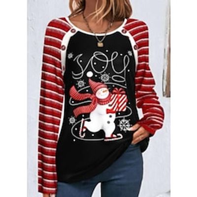 Women's T shirt Tee Christmas Shirt Black Snowman Striped Button Print Long Sleeve Christmas Weekend Festival  Holiday Round Neck Regular Fit Painting Spring   Fall Lightinthebox
