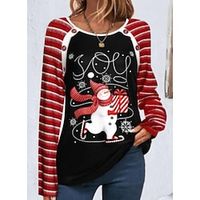 Women's T shirt Tee Christmas Shirt Black Snowman Striped Button Print Long Sleeve Christmas Weekend Festival  Holiday Round Neck Regular Fit Painting Spring   Fall Lightinthebox - thumbnail