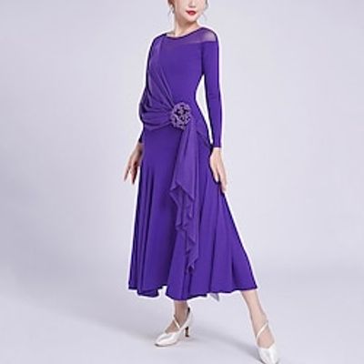 Ballroom Dance Dress Pleats Pure Color Splicing Women's Performance Party Long Sleeve Crystal Cotton Mesh Lightinthebox