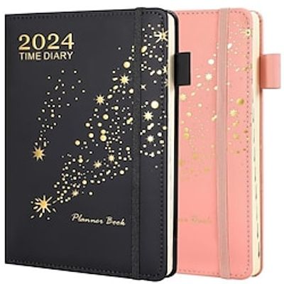 A5 Daily Planner from 2024 January to December Week to View Diary with Pen Holder Elastic Strap Ribbon Bookmark 360Pages miniinthebox